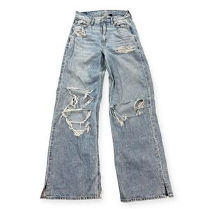 American Eagle Jeans Women's 00 Blue Light Wash Wide Leg Baggy Distressed